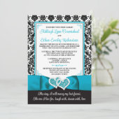 Turquoise, Zwarte Damast Liefdes Hartjes Bruiloft Kaart (Staand voorkant)