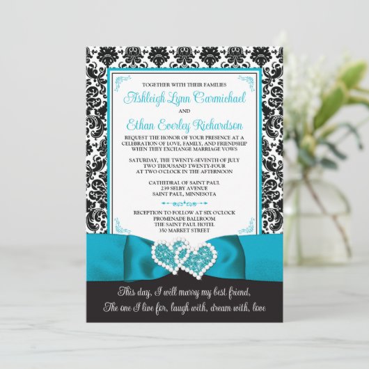 Turquoise, Zwarte Damast Liefdes Hartjes Bruiloft Kaart (Staand voorkant)