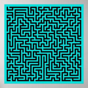 Turquoise Zwarte Doolhof Lijnen Poster