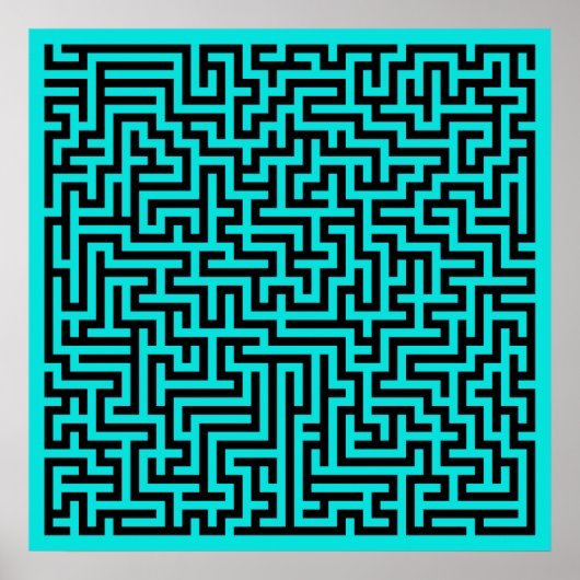 Turquoise Zwarte Doolhof Lijnen Poster (Voorkant)