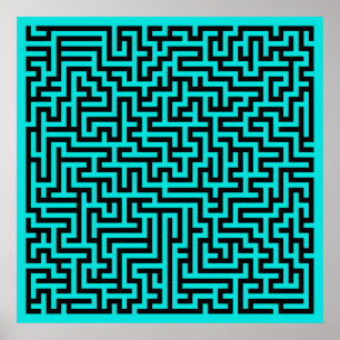 Turquoise zwarte doolhof lijnen poster