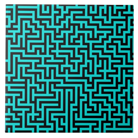 Turquoise zwarte doolhof lijnen tegeltje (Voorkant)