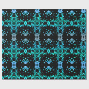Turquoise & Zwarte Elektrische Fractale Kaleidosco Cadeaupapier