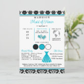 Turquoise, Zwarte Liefdes Hartjes Bruidsmeisje Inf Kaart (Staand voorkant)