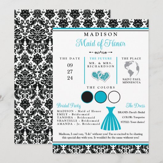 Turquoise, Zwarte Liefdes Hartjes Bruidsmeisje Inf Kaart (Voorkant / Achterkant)