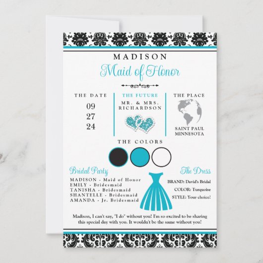 Turquoise, Zwarte Liefsharten Bruidsmeisje Info ka Kaart (Voorkant)