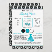 Turquoise, Zwarte Liefsharten Bruidsmeisje Info ka Kaart (Voorkant / Achterkant)