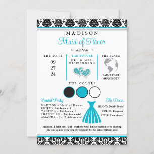 Turquoise, Zwarte Love Hearts Bruidsmeisje Info ka Kaart