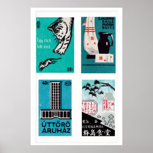 Turquoise & Zwarte Luciferdoosjes Labels Rasterpri Poster (Voorkant)