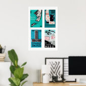Turquoise & Zwarte Luciferdoosjes Labels Rasterpri Poster (Thuiskantoor)