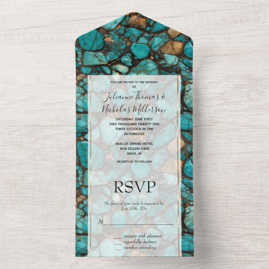 Turquoise zwarte stenen all in one uitnodiging (Binnen)