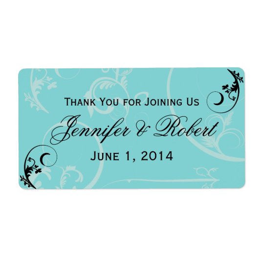 Turquoise zwarte werveling bloeien waterflesje lab etiket (Voorkant)