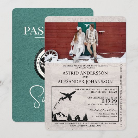 Turquoise Zweden Paspoort Huwelijksuitnodiging Kaart (Voorkant / Achterkant)