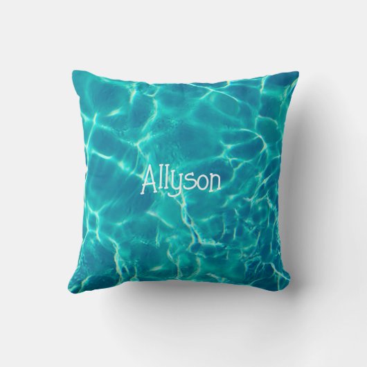 Turquoise zwembadwater, witte naam of monogram, Vs Kussen (Achterkant)