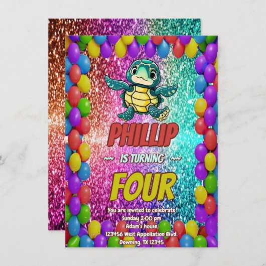 Turtle aangepaste karakter verjaardag uitnodiging (Voorkant / Achterkant)