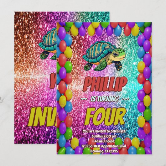 Turtle aangepaste karakter verjaardag uitnodiging (Voorkant / Achterkant)