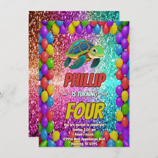 Turtle aangepaste karakter verjaardag uitnodiging (Voorkant / Achterkant)