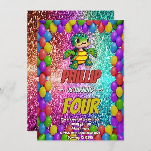 Turtle aangepaste karakter verjaardag uitnodiging (Voorkant / Achterkant)