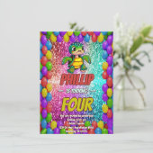 Turtle aangepaste karakter verjaardag uitnodiging (Staand voorkant)