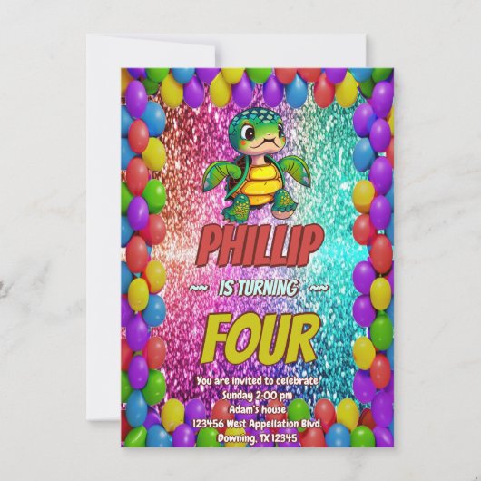 Turtle aangepaste karakter verjaardag uitnodiging (Voorkant)