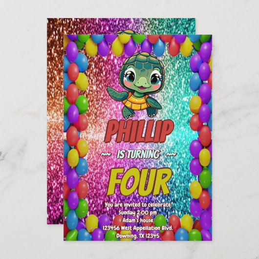 Turtle aangepaste karakter verjaardag uitnodiging (Voorkant / Achterkant)