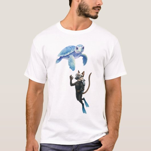 Turtle and Cat scuba diver T-shirt (Voorkant)