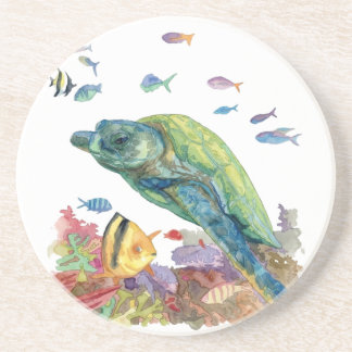 Turtle and fishes in the sea  zandsteen onderzetter