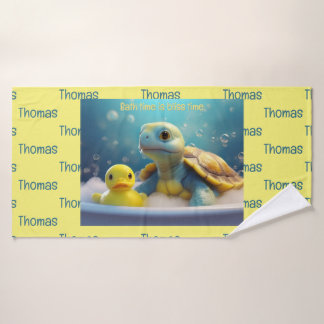 Turtle and Rubber Duck in the Bath Custom Text Badhanddoek
