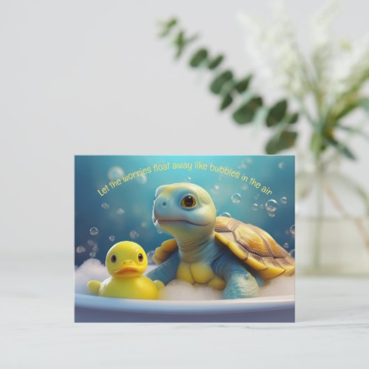 Turtle and Rubber Duck in the Bath Custom Text Briefkaart (Staand voorkant)