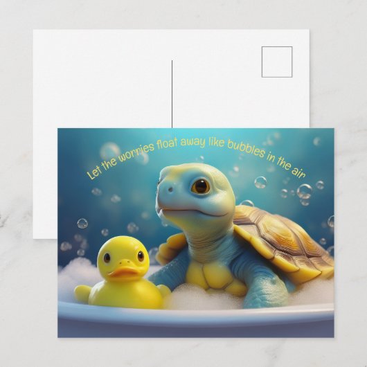 Turtle and Rubber Duck in the Bath Custom Text Briefkaart (Voorkant / Achterkant)