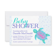 Turtle art baby shower aqua paarse uitnodigingen