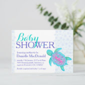 Turtle art baby shower aqua paarse uitnodigingen (Staand voorkant)