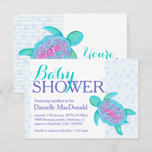 Turtle art baby shower aqua paarse uitnodigingen (Voorkant / Achterkant)