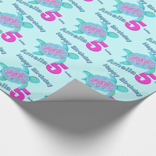 Turtle art roze aqua age age name 5th verjaardagsc cadeaupapier (Hoek)