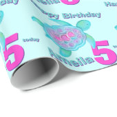 Turtle art roze aqua age age name 5th verjaardagsc cadeaupapier (Rol Hoek)