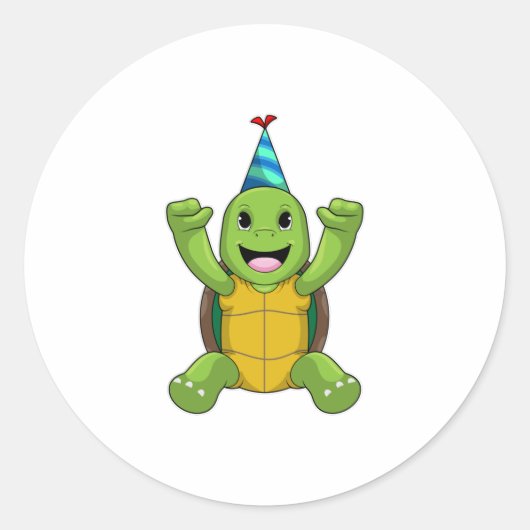 Turtle at Birthday with Party hat Ronde Sticker (Voorkant)