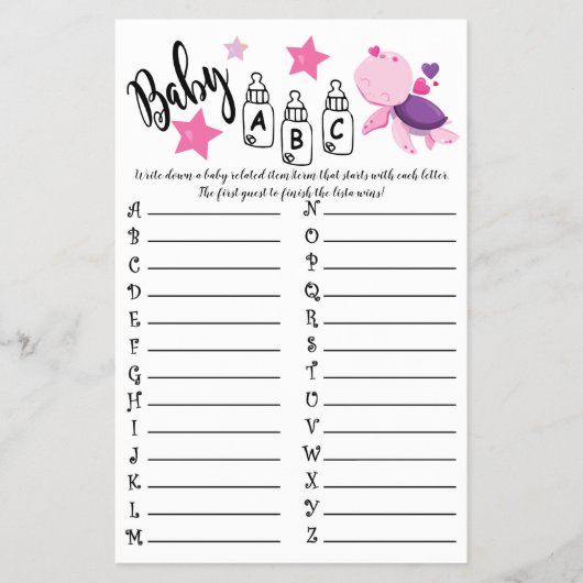 TURTLE BABY ABC BABY SHOWER GAME KAART (Voorkant)