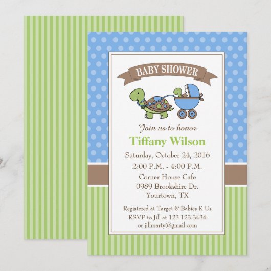 Turtle Baby shower Invitation blauw Kaart (Voorkant / Achterkant)