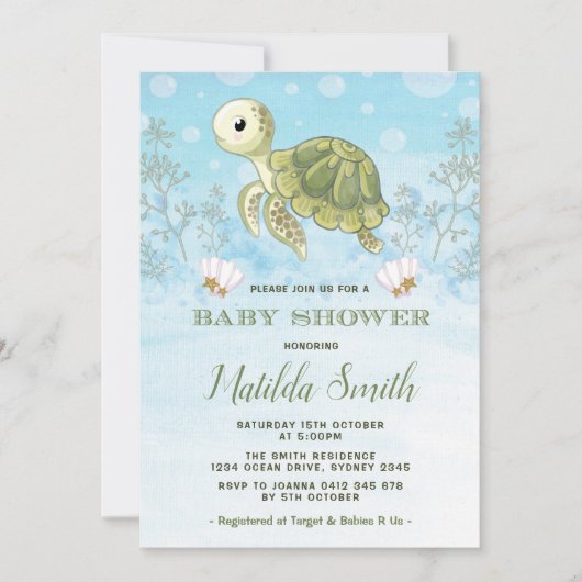 Turtle Baby shower Invitation onder de Zee Oceaan Kaart (Voorkant)
