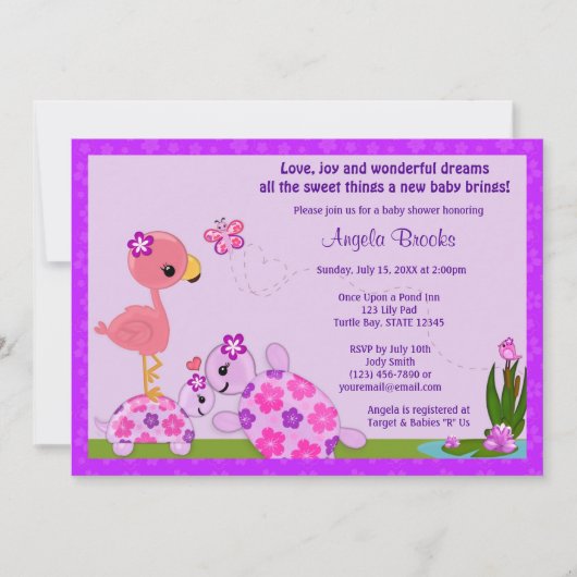 TURTLE Baby shower Invitation Pond Flamingo PAARS Kaart (Voorkant)