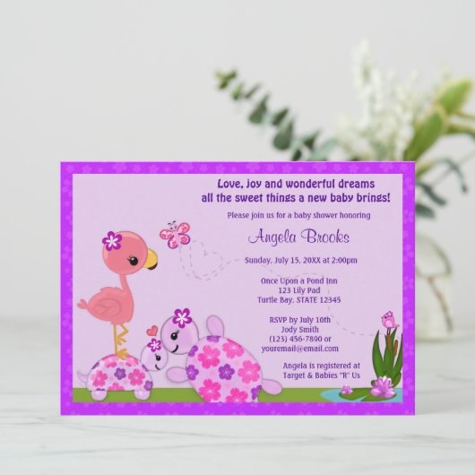 TURTLE Baby shower Invitation Pond Flamingo PAARS Kaart (Staand voorkant)