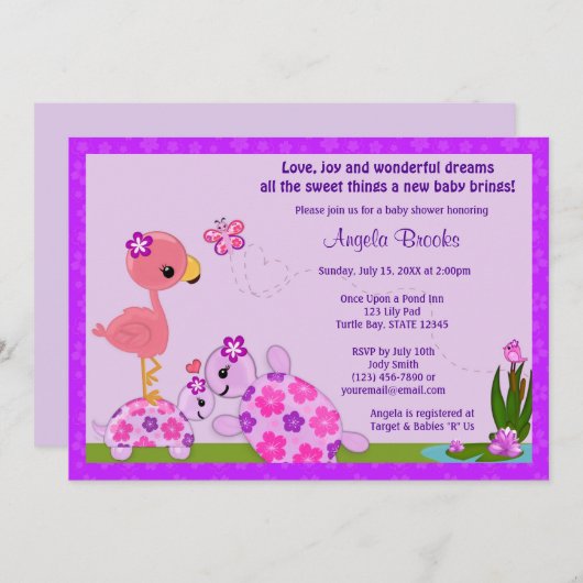 TURTLE Baby shower Invitation Pond Flamingo PAARS Kaart (Voorkant / Achterkant)