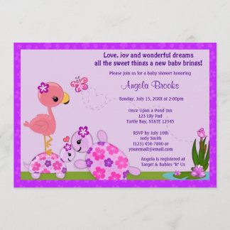 TURTLE Baby shower Invitation Pond Flamingo PAARS Kaart