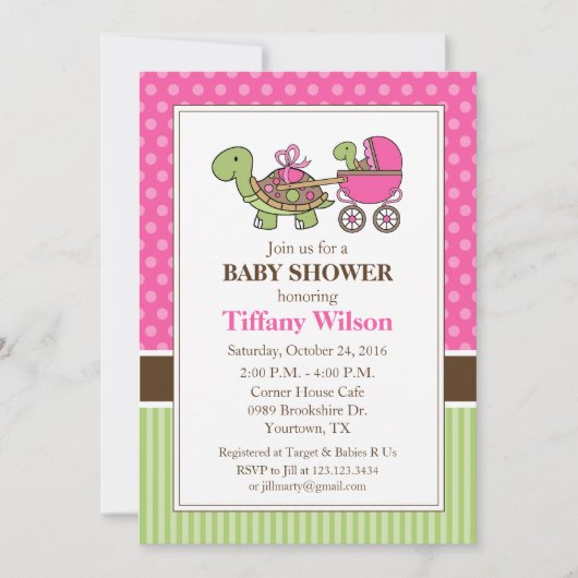 Turtle Baby shower Invitation roze Kaart (Voorkant)