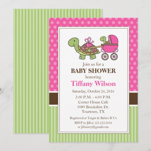 Turtle Baby shower Invitation roze Kaart (Voorkant / Achterkant)