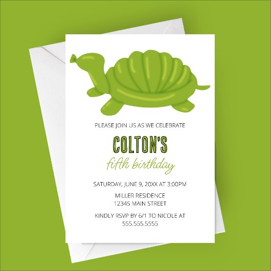 Turtle Balloon Animal Birthday Party Kaart