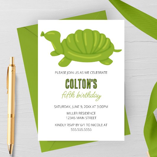 Turtle Balloon Animal Birthday Party Kaart