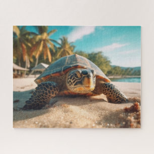Turtle Beach Zand Tropische Palmbomen Oceaan Foto Legpuzzel