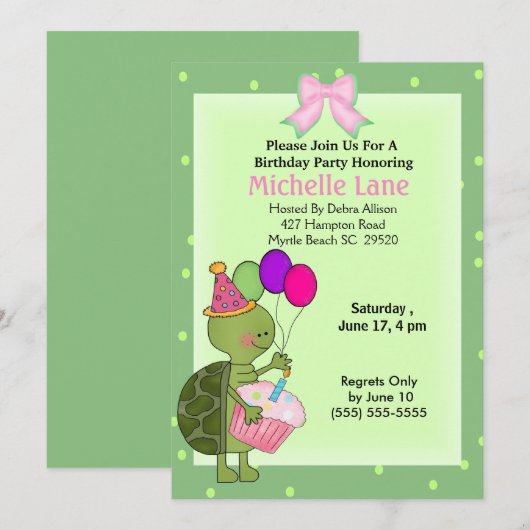 Turtle Birthday Invitation Kaart (Voorkant / Achterkant)