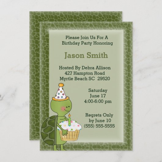 Turtle Birthday Invitation Kaart (Voorkant / Achterkant)